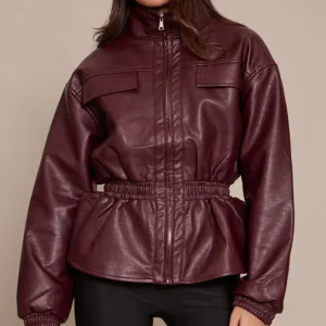 Chocolate Plum High Neck Cinched Waist Faux Leather Jacket