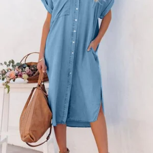 Slit Button Up Short Sleeve Imitation Denim Dress
